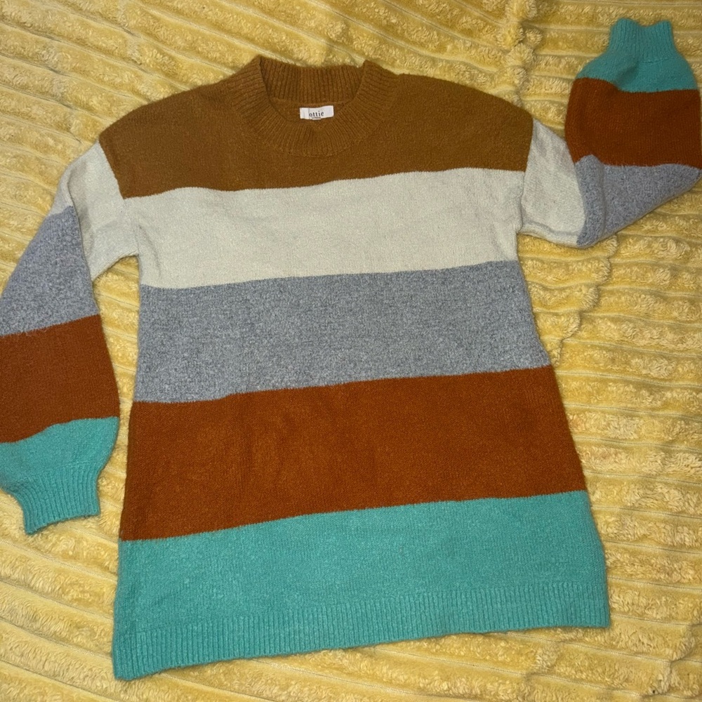 Striped Crew Neck Sweater in Brown, Gray, and Teal